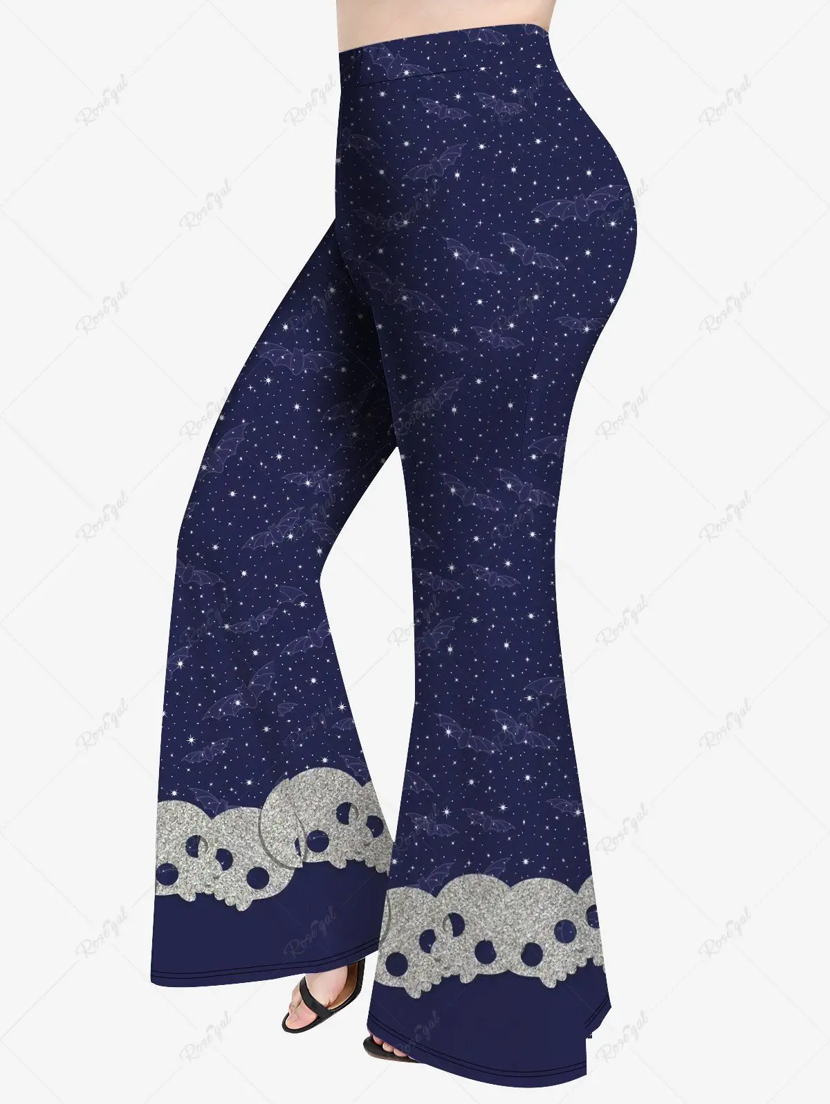 2023 Nieuwe Plus Size Halloween Galaxy Schattige Schedelvleermuis Ster Glitter Bedrukt 2 In 1 T-Shirt Of Flare Broek Dagelijks Casual Bijpassende Set