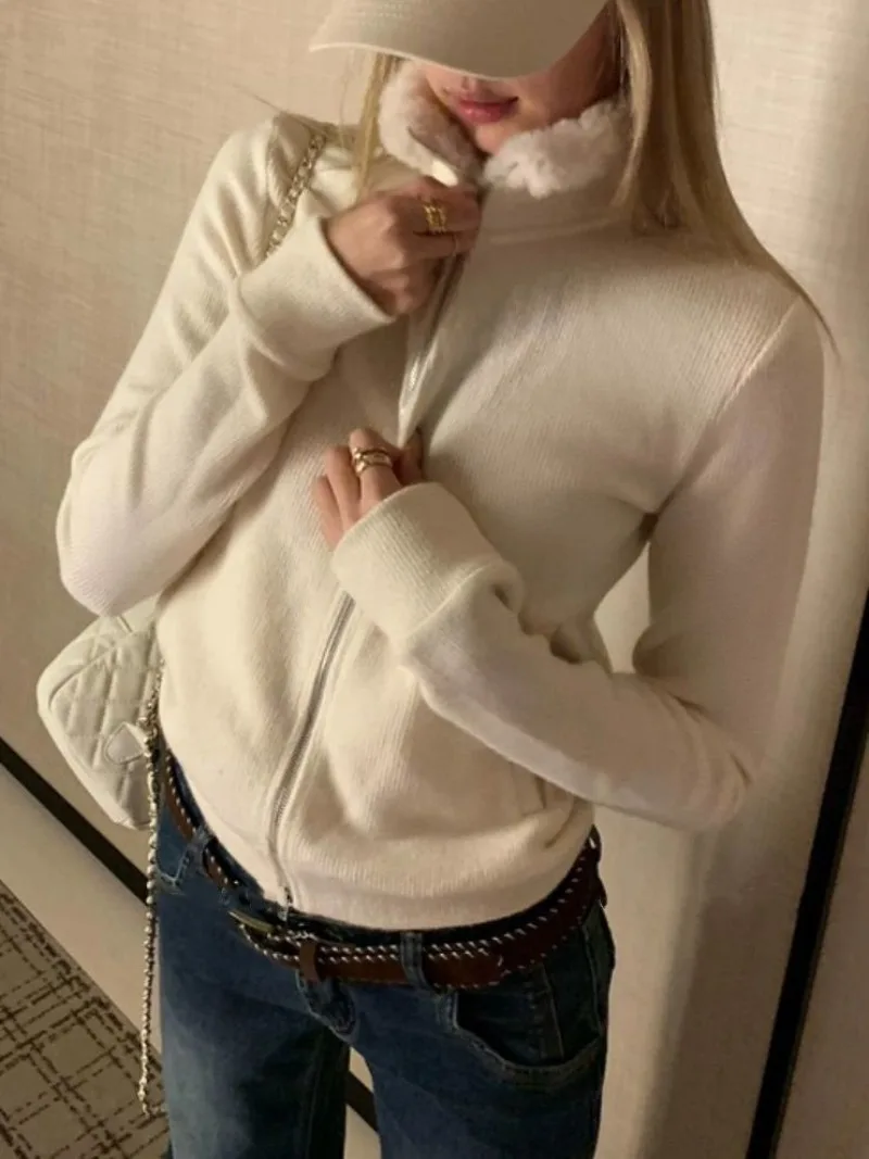 

Women's 2025 Autumn/Winter New High-Neck Solid Color Short Cardigan Sweater Dress Slim Fit Korean Style Sweet and Fluffy White