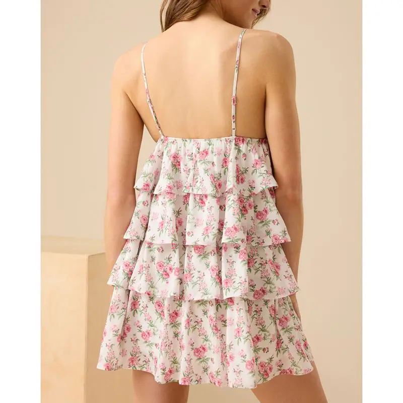 Combhasaki mujeres sin mangas correas finas ajustables verano estampado Floral volante ribete cuello en V sin espalda en capas Mini vestido corto Cami