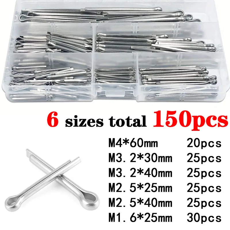 AXK 150pcs M1.6 M2.5 M3.2 M4 304 Stainless Steel Car Break Split Pins Assortment Kit U Shape Type Cotter Pins Set