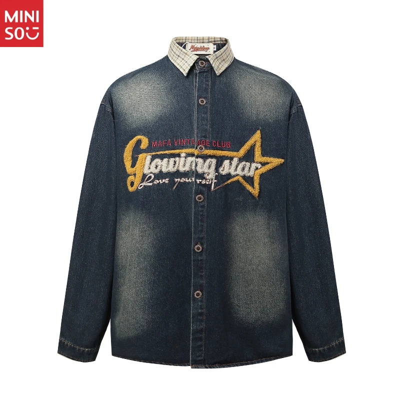 

Autumn American Retro Color Block Washed Letter Embroidery Shirt Men Versatile Loose