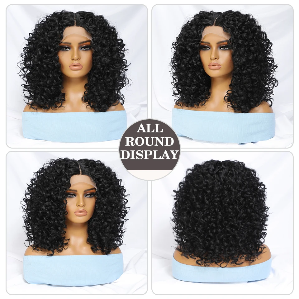 Wig sintetis keriting 16 "berenda depan Wig pirang hitam untuk wanita perempuan jahe ungu rambut alami tahan panas