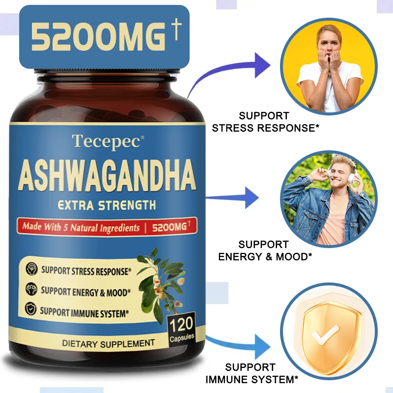 5-in-1 Premium Ashwagandha Capsules + Turmeric, Rhodiola Rosea, Ginger, Black Pepper - Supports Energy, Mood and Immunity