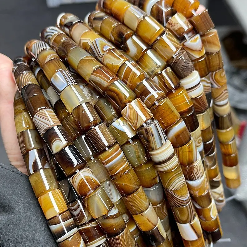 12*12mm Natural Coffee Stripe Agate Cylindrical Shape Bead Round Loose Spacer Beads For Jewelry Making Diy Bracelet Accessories