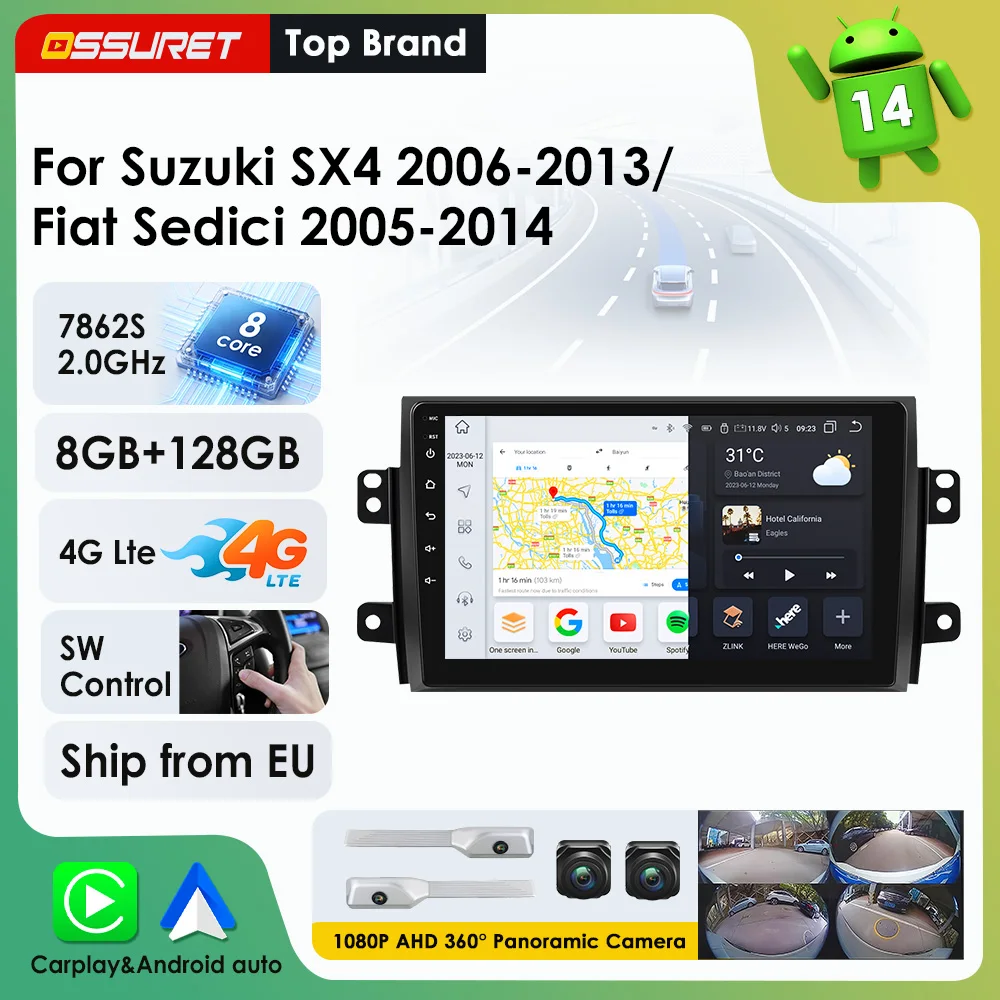 9"7862 AI Voice Carplay Android Autoradio für Suzuki SX4 2006-2013 für Fiat Sedici 2005-2014 Multimedia-Videoplayer GPS-Navigation Stereo-Audio 2DIN 360-Grad-Kamera Haupteinheit Intelligenter