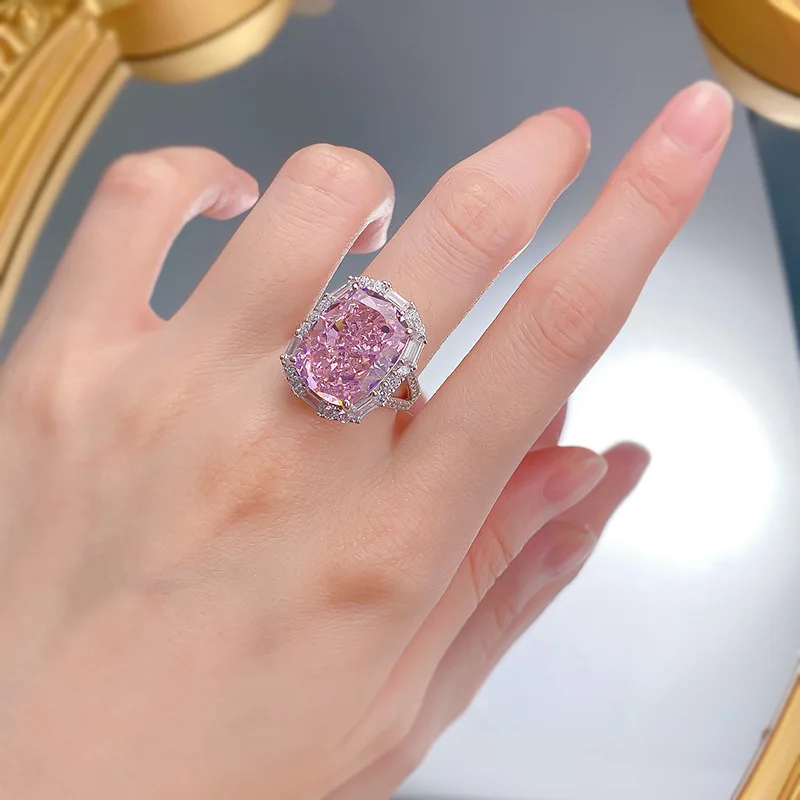 High end diamond 12 * 16 wedding ring High carbon diamond pink diamond ice flower cut G color s925 silver ring for women
