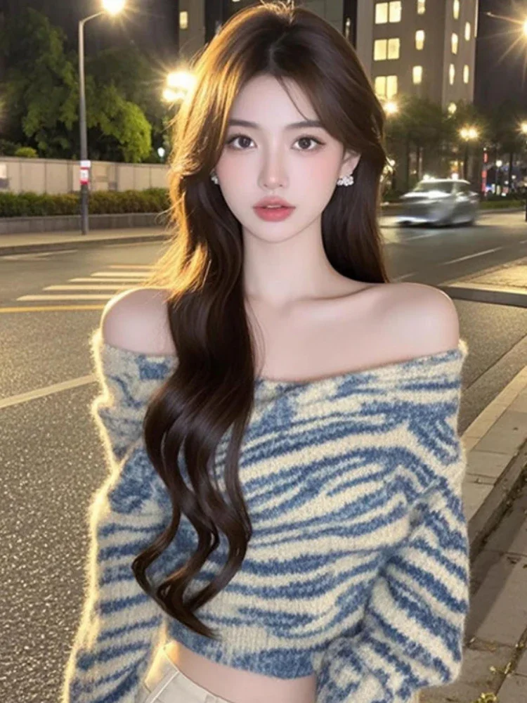 

Сказочные сексуальные полосатые свитера с разрезом на шее, винтажные женские облегающие укороченные пуловеры в стиле гранж Y2k, эстетический повседневный вязаный джемпер