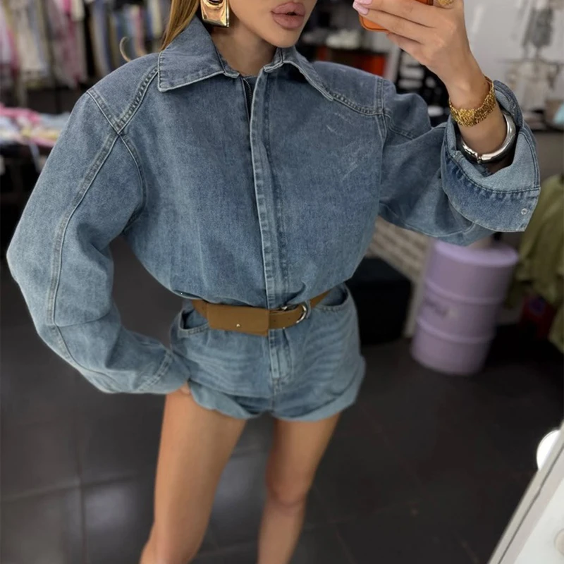 Early Autumn Retro Denim Bodysuit Women Comfortable Zipper Slim Fit Romper Fashion Collar Long Sleeved Office Commuting Playsuit