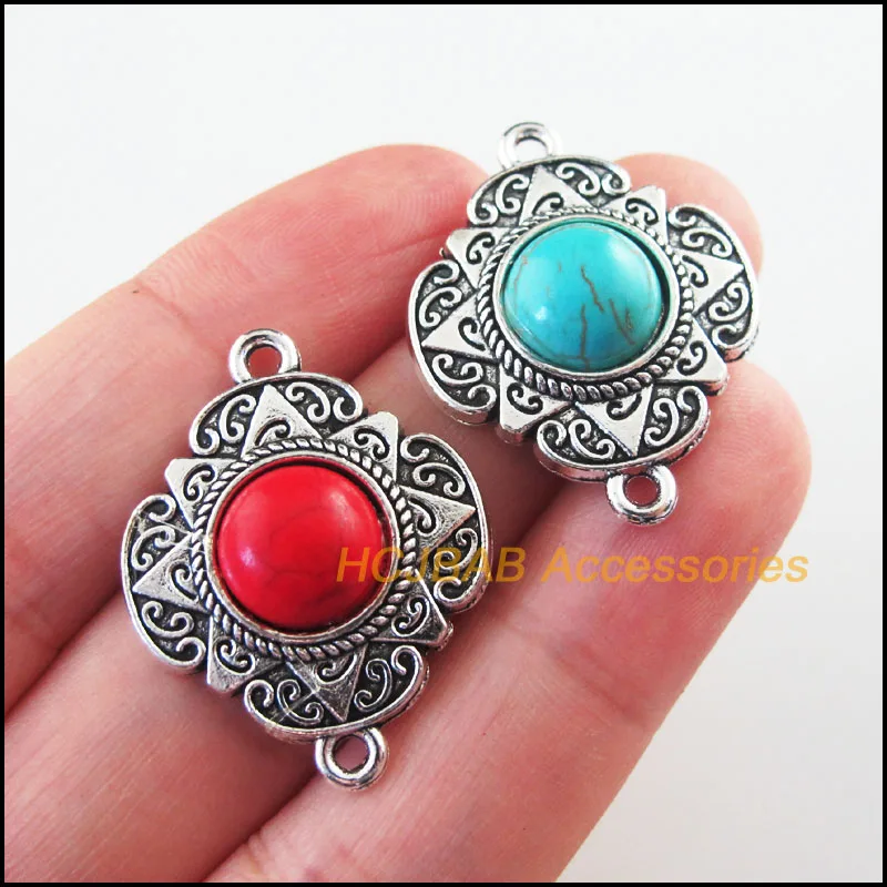 

Fashion 6Pcs Retro Tibetan Silver Tone Flower Heart Blue&Red Stone Charms Connectors 23.5x30mm