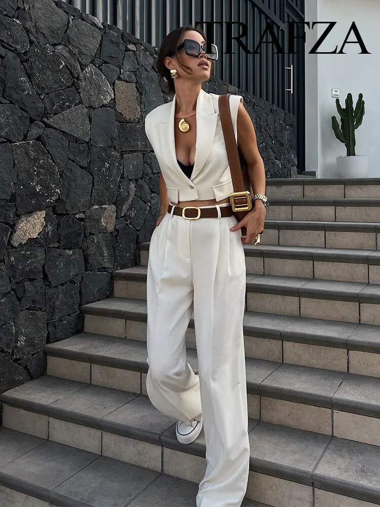 New 2024 Summer Trousers Set For Women Lapel Sleeveless Short Vest Top + Chic Elegant Formal Style Women's Wide Leg Long Pant