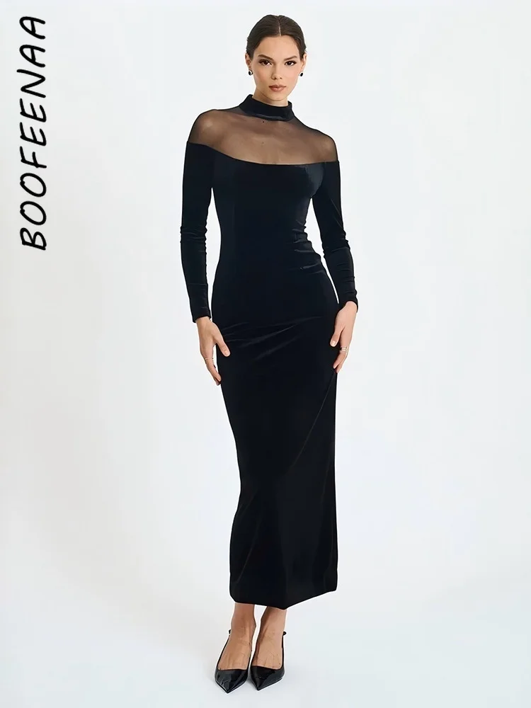 Long sleeve black velvet maxi dress-AliExpress