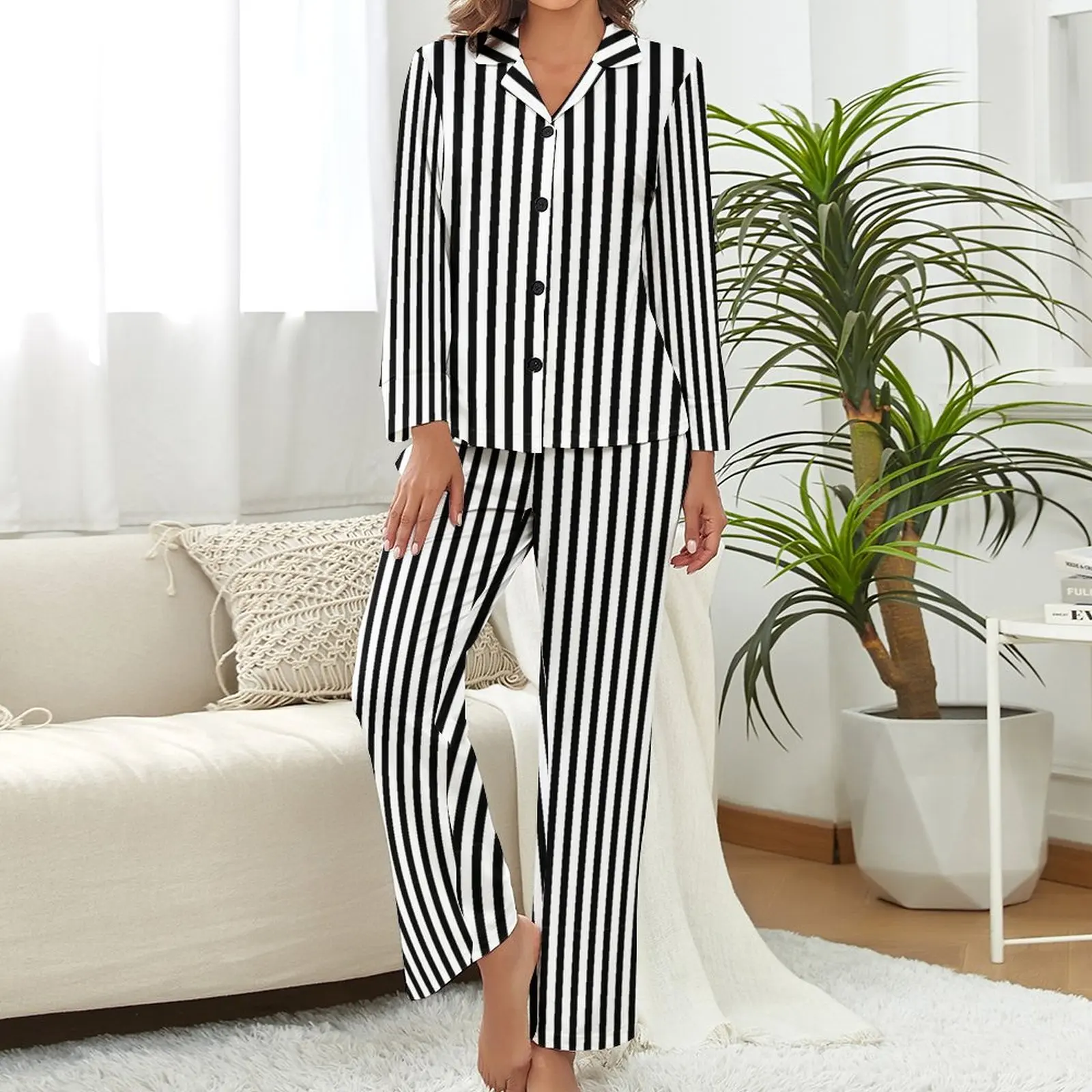 Classic Striped Pajamas Woman Black And White Kawaii Home Suit Autumn Long Sleeve 2 Piece Night V Neck Graphic Pajama Sets