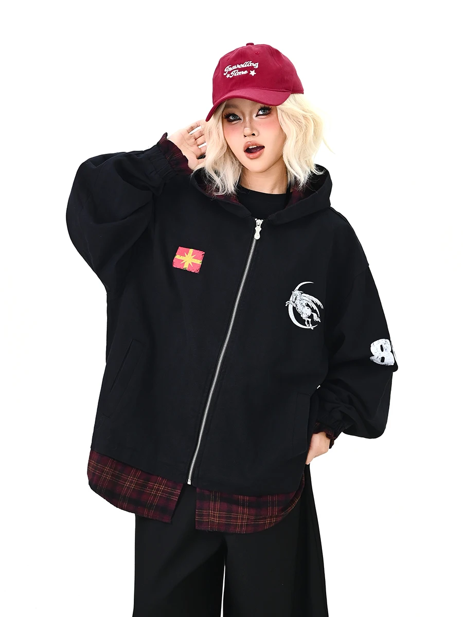 

Модная корейская свободная женская куртка с капюшоном в клетку и пэчворк, на молнии, в уличном стиле, повседневная верхняя одежда, весна 2026, новинка