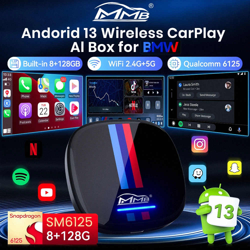 MMB Max Smart Box Android13 AI Box CarPlay Wireless Multimedia QCM6125 8-Cores 8+128G FOTA Upgrade GPS BT5.2 For BMW ID6 to ID9