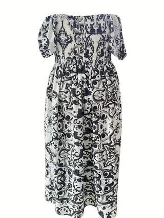 Plus-size women's fashion off-the-shoulder bohemian printed dress