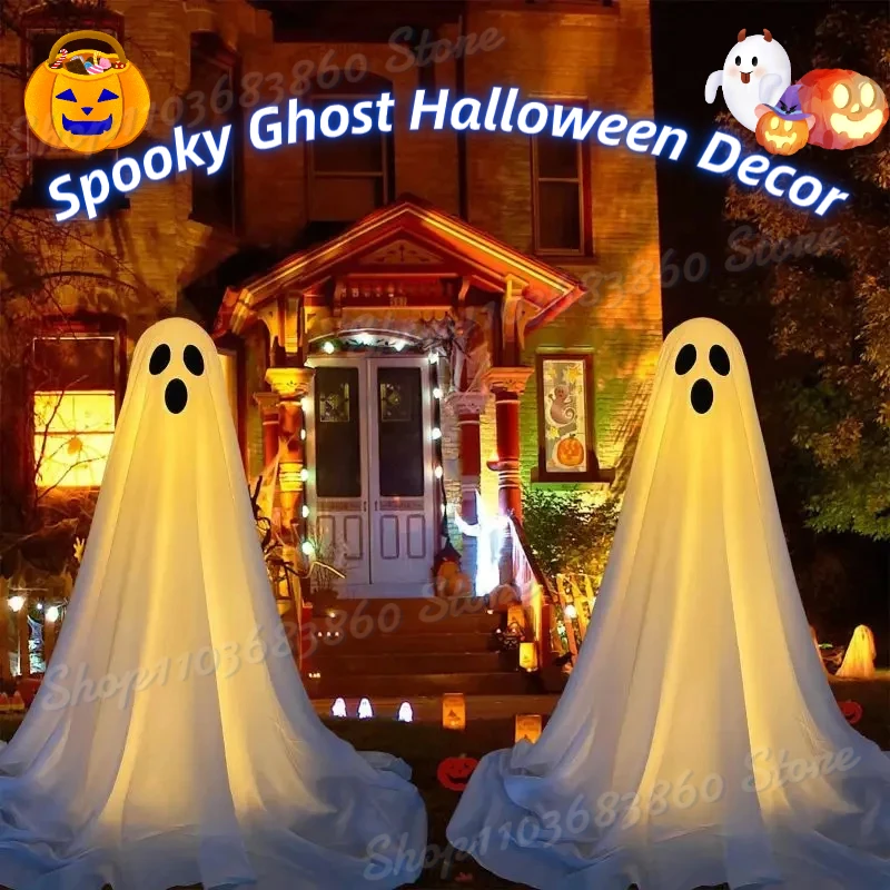 

2024 Spooky Ghost Halloween Decor With Light Strings Operated Front Door Standing Ghost Porch Courtyard Halloween Decor Outdoor