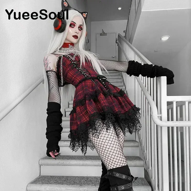 Grunge Gothic Women Dress Lace Trim High Waist Bodycon Mini Dress 2024 Summer New E-girl Vintage Punk Harajuku Lolita Clothes