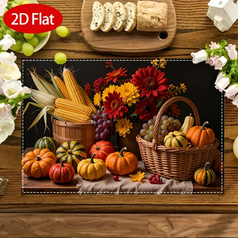 Autumn Thanksgiving Placemats Corn Pumpkin Flower Grape Autumn Leaf Pattern Suitable for Kitchen Restaurant Table Decoration H
