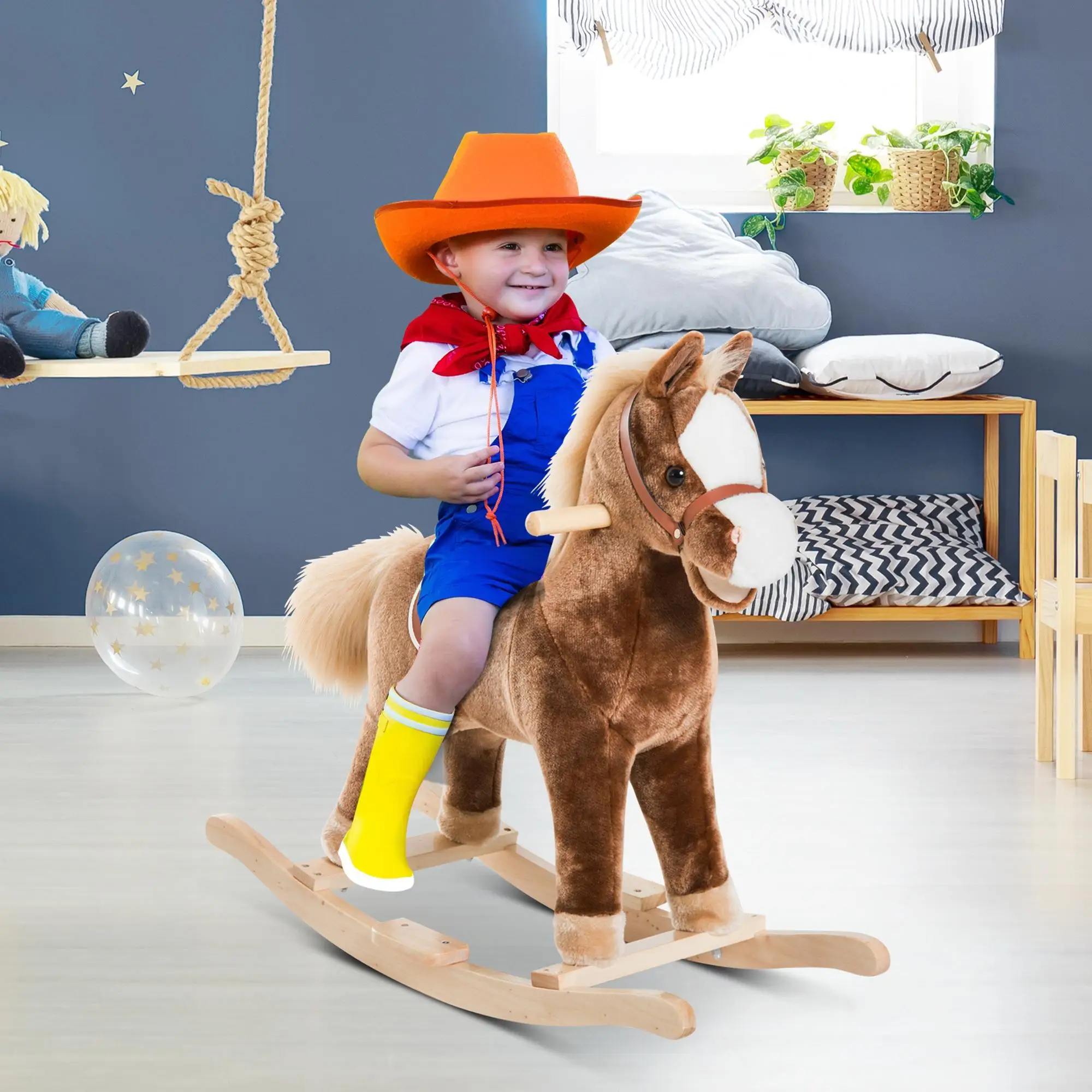 HOMCOM Schommelpaard Cowboypaard Zadel Hoog Comfort voor Kinderen vanaf 36+ Maanden Kort Zacht Pluche Populierenhout 4 kg Draagvermogen
