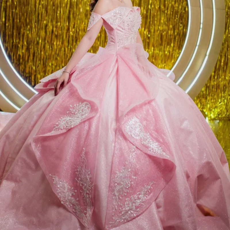 

Shiny Pink Quinceanera Dresses Off the Shoulder Crystal Decal Glitter Flower Long tail Bow Vestidoe 15 Quinceanera Customize