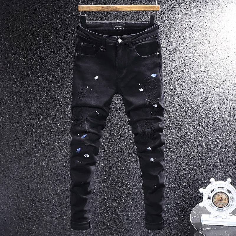  Men Black Jeans Hip Hop Splash Ink Painting Distressed Scratch Stretch Slim Fit Skinny Denim Pants Streetwear Jeanshombre
