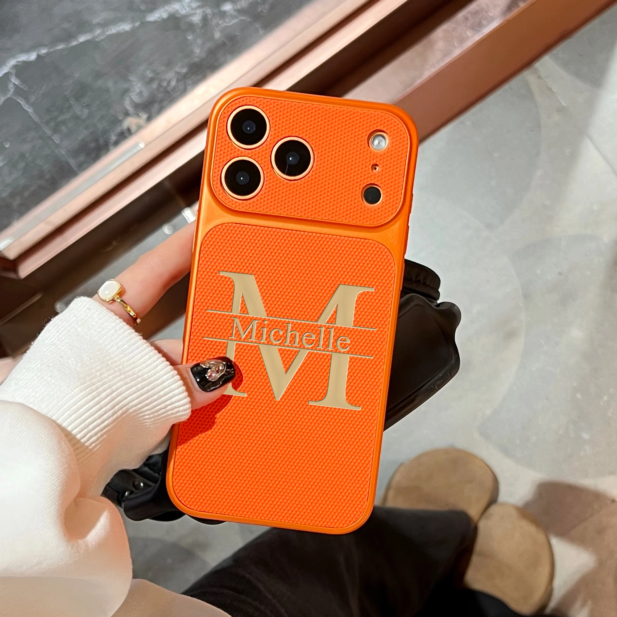 

Personalized Customized Name Initial Laser Engraving Football Texture Faux Leather Phone Case Compatible with iPhone 17 Pro Max