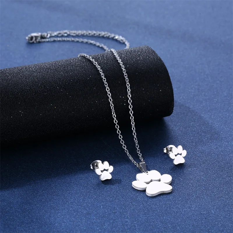 NEW Stainless Steel animal cat dog Pendant Heart earrings Necklace set women Footprint Jewelry Mother\'s Day Gifts Choker TZ95