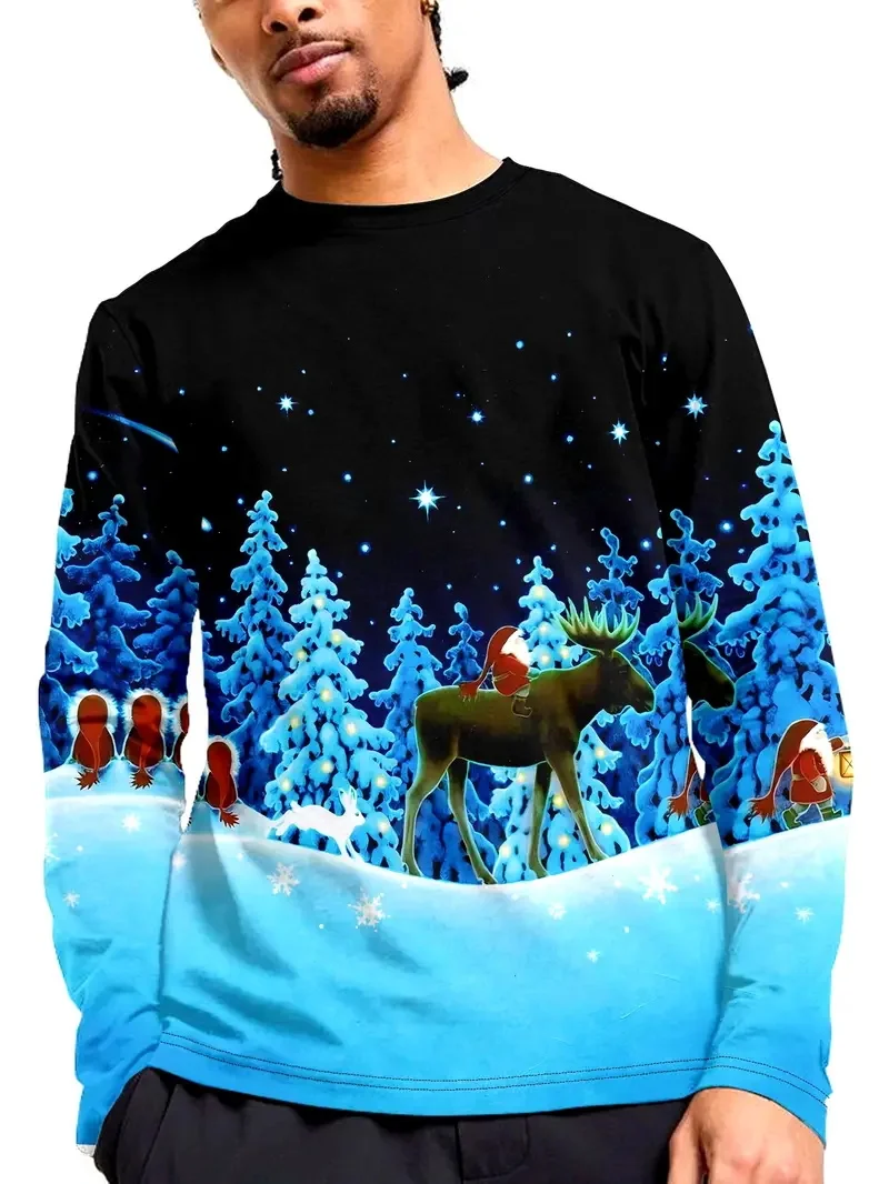 Men's 3D Print Merry Christmas Pattern Long Sleeve T-Shirt New In Large Size Crew Neck Tshirts Clothes Mens Funny XMAS Tee Shirt