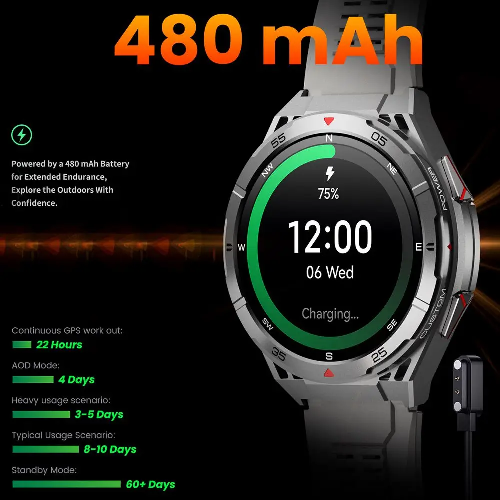 GPS Smartwatch Men 1.43'' AMOLED IP69K 방수 블루투스 HD 통화 나침반 고도 기압계 멀티 스포츠 모드 스마트 시계 2025