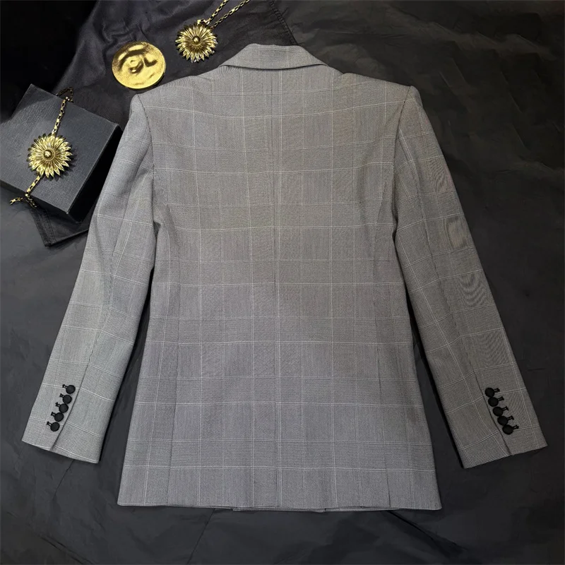 Women's jacket New spring 2026 double breasted slim fit lapel long sleeved top wool blend plaid Women's suit jacket Women's coat