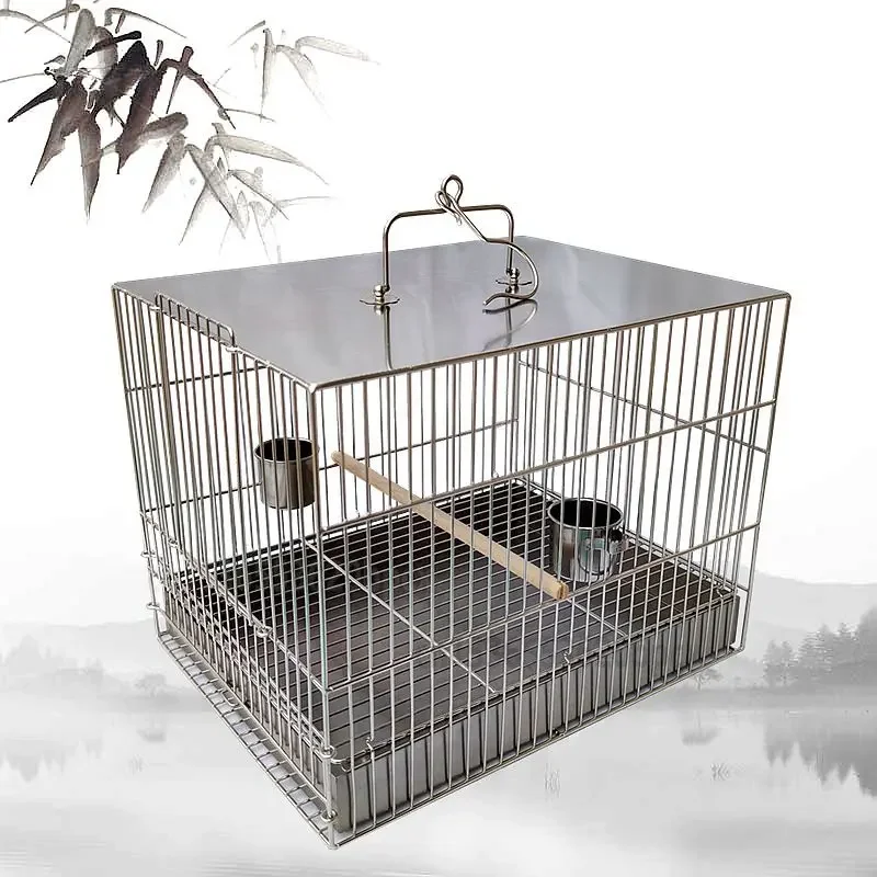 Durable Stainless Steel Bird Cage for Parrot Travel, Secure Pet Breeding Cage with Bath, Heavy-Duty One-Piece Welding Enclosure