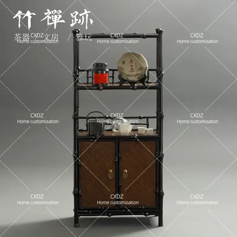 Bamboo Two Layer Tea Cabinet with Door Bookcase Storage Shelf for Tea Set Display Stand in Tea Room