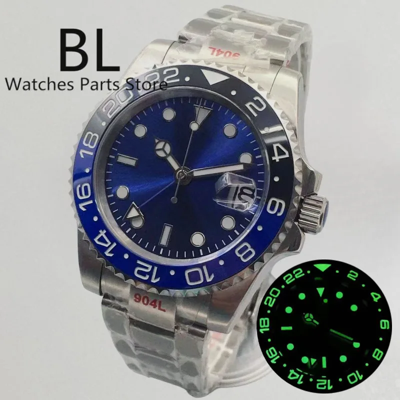 BLIGER 40mm Men Mechanical Wristwatches 100M Waterproof Sapphire Glass Batman Bezel Blue GMT Hand Blue Sunray Dial Luminous Date