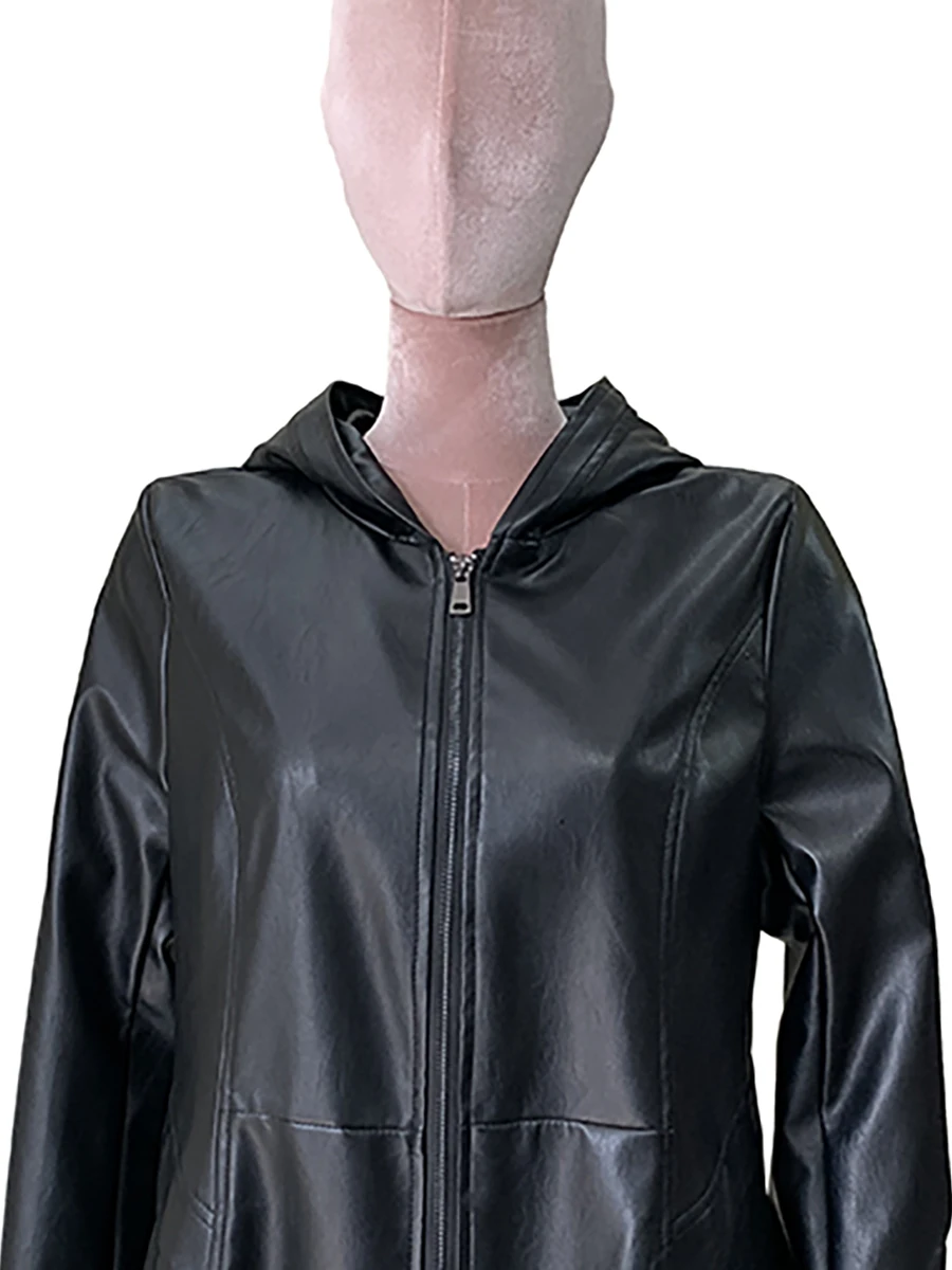 Spring Autumn Black Fitted Soft Waterproof Pu Leather Jackets for Women with Hood High Waist Elegant Luxury Chis Clothes 2025