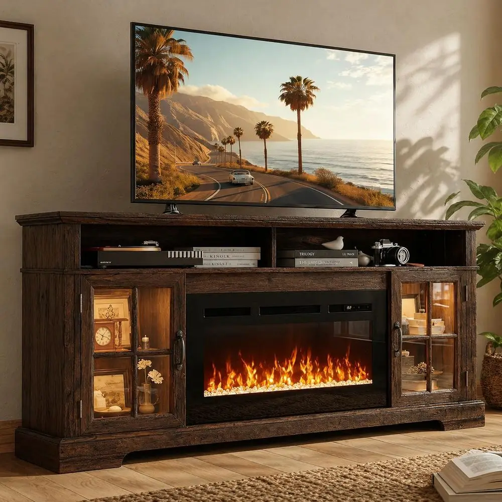 

70-80 TV Stand with Storage Cabinets, Media Shelf, Ideal for Living Room, Brown and Black Finish