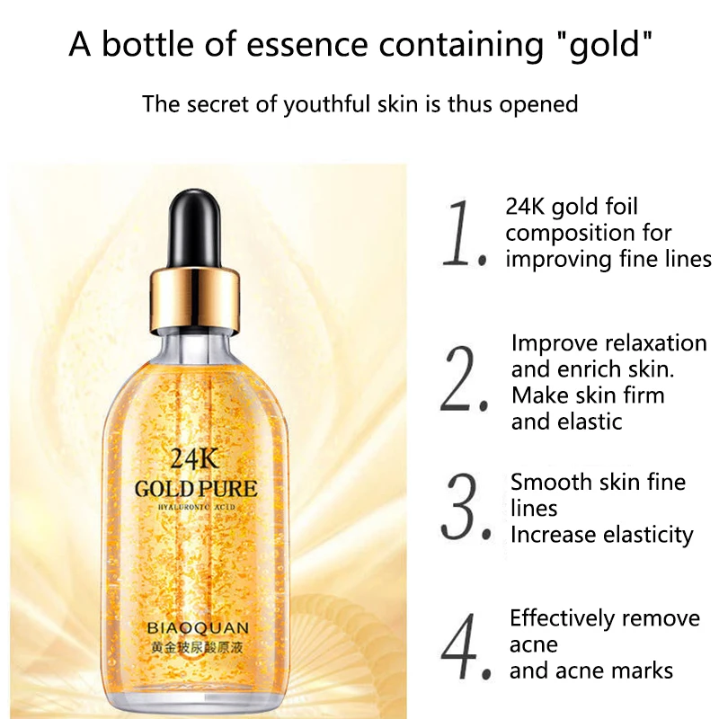 24K Golden Hyaluronic Essence Deeply Nourishes Anti-wrinkle Brightening Skin Tone Face Moisturizing Serum Whiten Skin Care 100ml