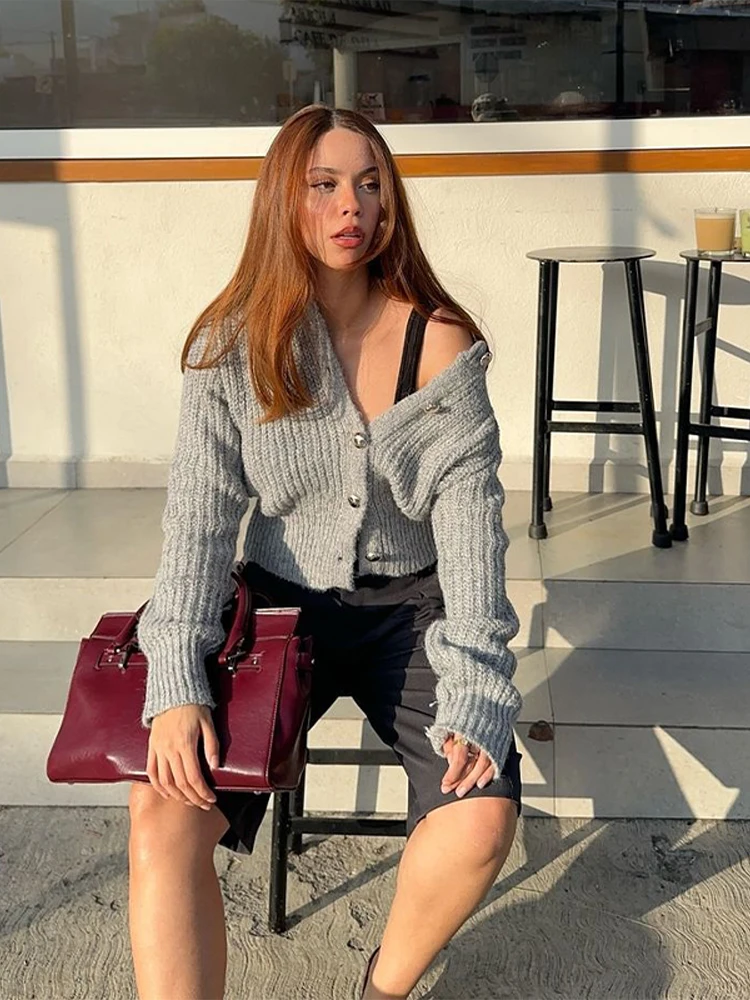 

Women's Cardigan Elegant O-neck Gray Knitted Single Breasted Full Sleeve Oversize Female Jumpers 2025 Autumn New Lady Streetwear