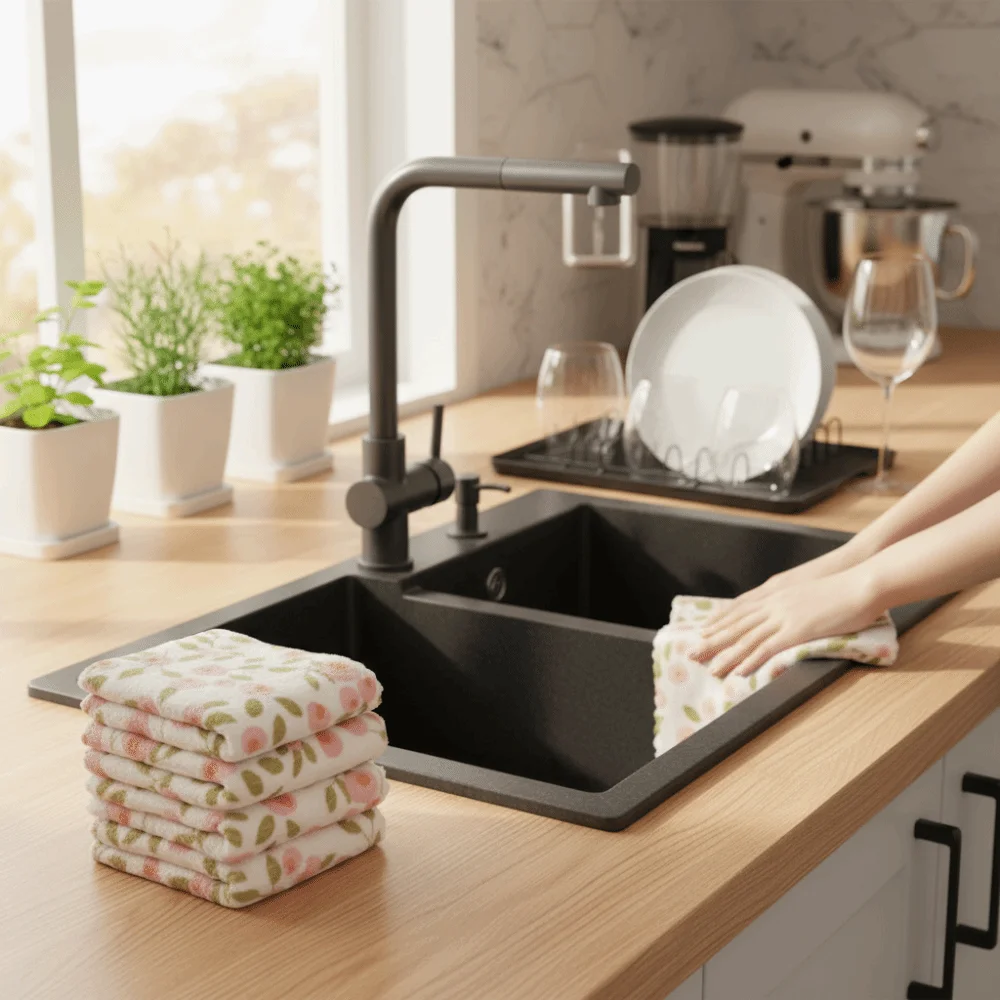 

20pcs Square Floral Pattern Cleaning Towel Quick-Dry Absorb Water Wipe Cloth Kitchen Reusable Microfiber Cleaning Cloth Bowl