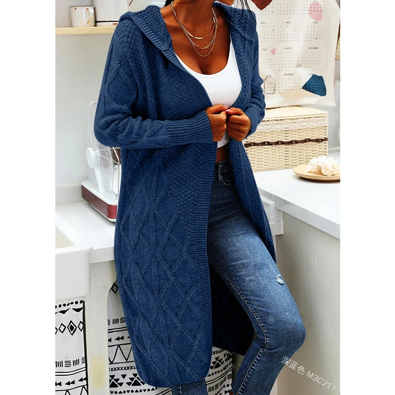 Women Knitted Large Coat Spring New Loose Solid Cardigan Sweater Women Long Sleeve Hooded Turn-down Collar Knitted Sweater Coat