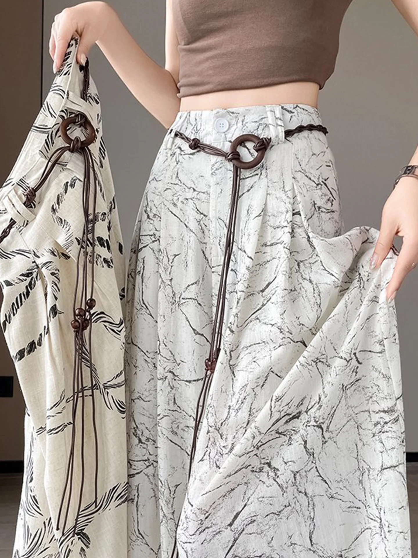 New Chinese Style Vintage Printed Suit Wide Leg Pants Skirt Women Summer Thin High Waist Draping Loose Casual Floor Length Pants