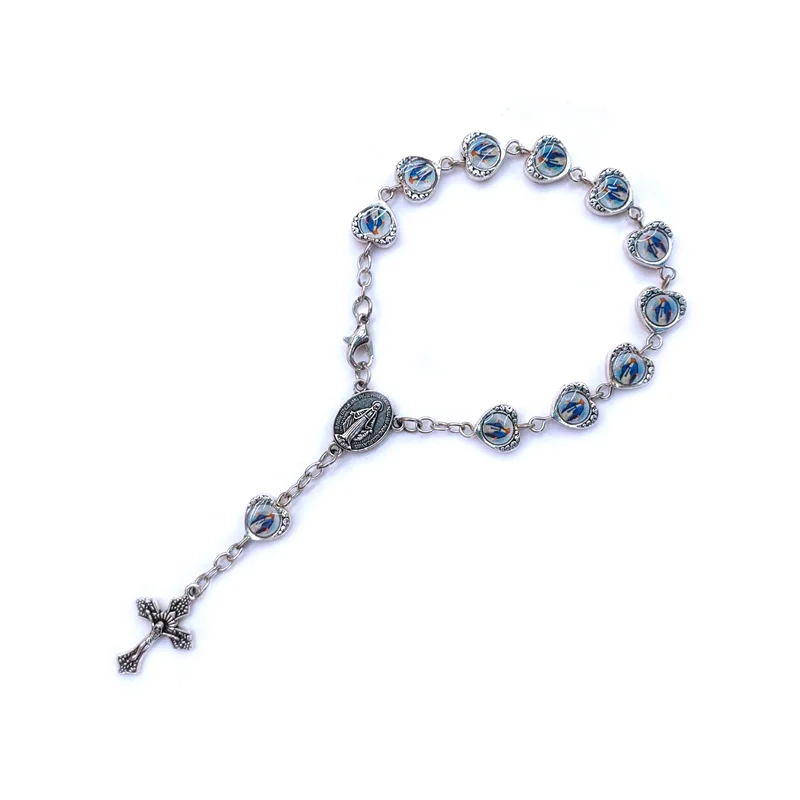 QIGO Religious Jewelry Metal Heart Virgin Rosary Bracelets Cross Pendant For Men Women