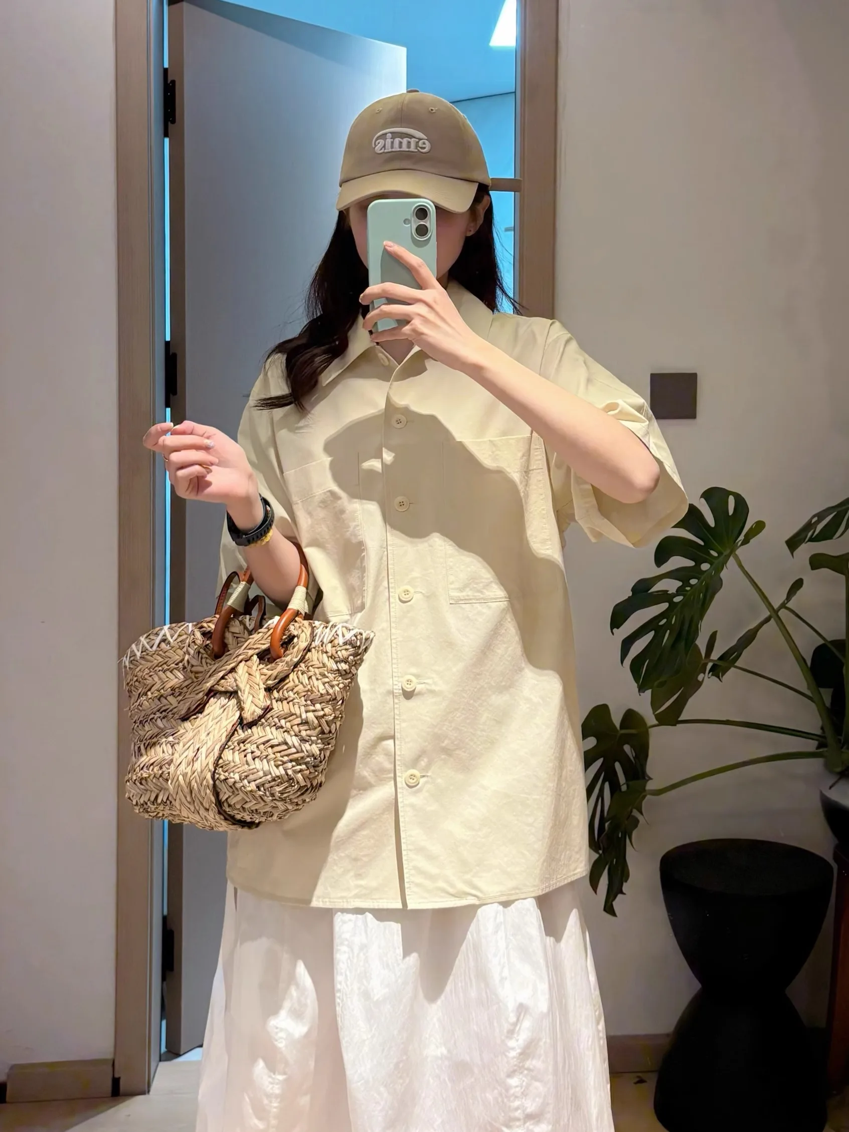 

ROSE Korean Style Casual Loose Short Sleeve Women's Shirt Fashionable Anti-Uv Cotton Neck Regular Length Pure Color