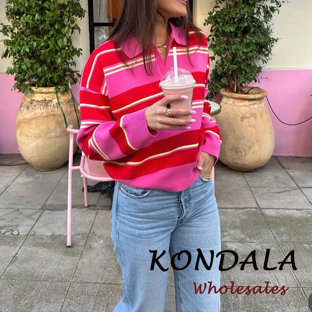 KONDALA Chic Spring Striped Plaid Streetwear POLO Shirt Women Knitwear Fashion 2026 Loose Modern Casual V-Neck Female Sweaters