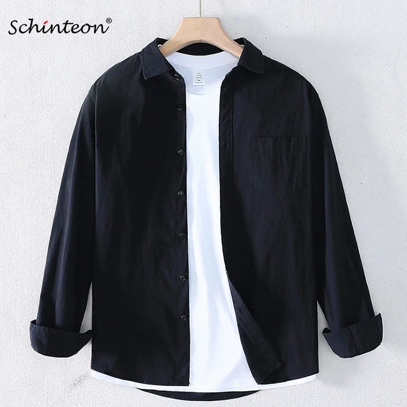 Schinteon Men 97% Cotton Shirt Long Sleeved Turn-down Collar Top Quality Spring Summer Thin Casual Simple Solid Color Shirt 2025