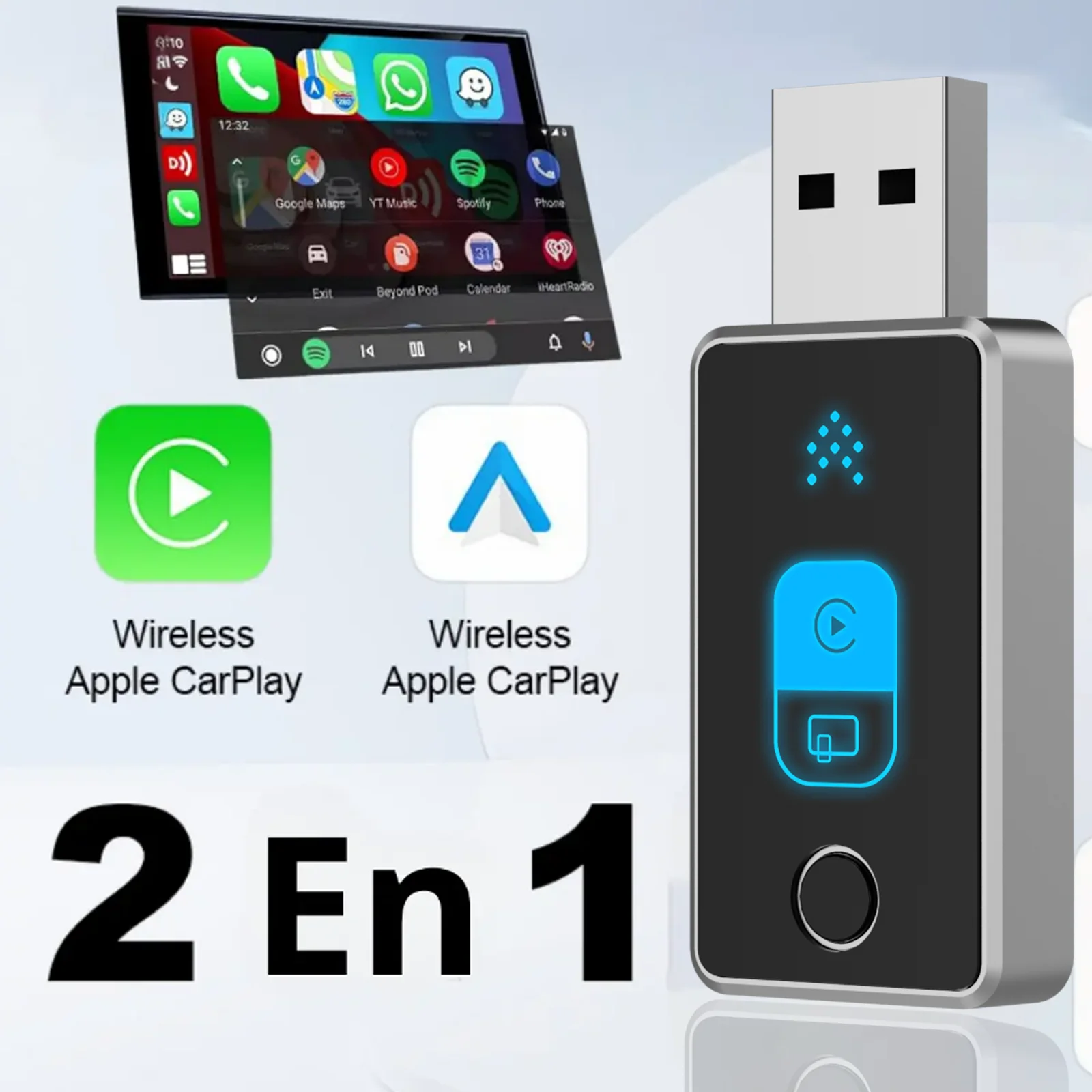 2in1 Wireless CarPlay & Android Auto Adapter 2.4/5G Wi-Fi, Plug&Play, Compact & Stable, Compatible with iOS 10+/Android 11+