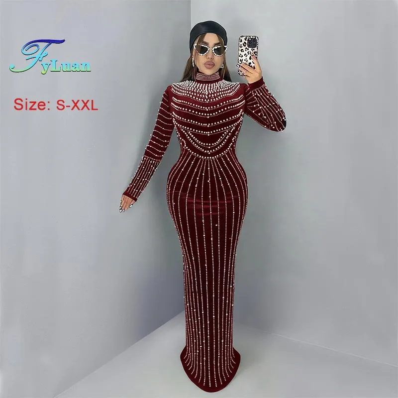 2026年ファッション女性服 エレガントなパーティロングドレス スエード ホットラインストーン 長袖 マキシドレス セクシー スリムドレス プロムガウン