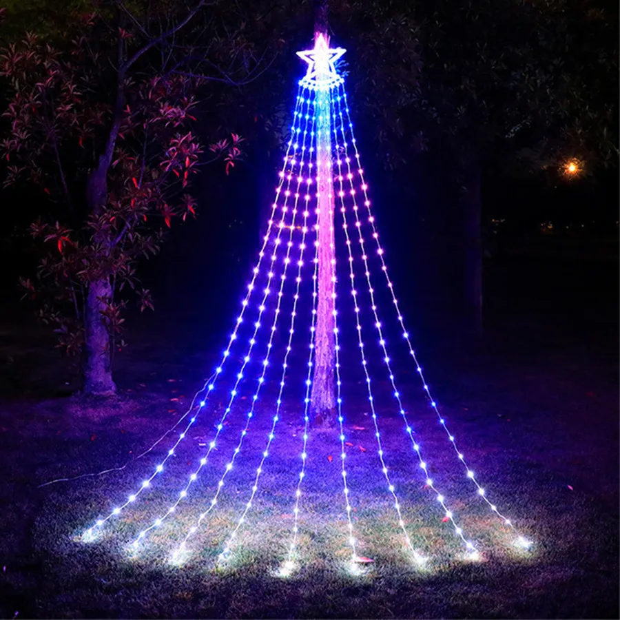 

USB Smart App Control Christmas Waterfall String Lights Outdoor Five-Stars RGB Fairy Lights for Garden Party Wedding Decoration