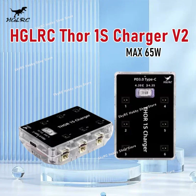 

HGLRC Thor 1S Charger V2 6 Port Max 65W for PH2.0 MX2.0 A30 BT2.0 Plug 4.2V 4.35V LIHV 1S LiPo Battery