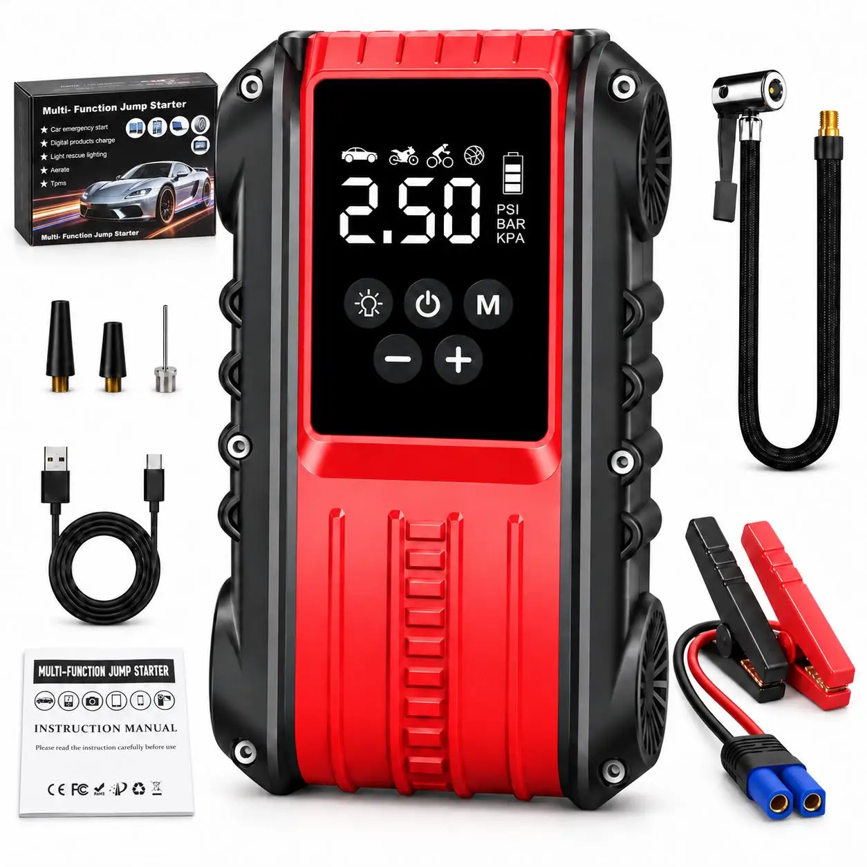 2000A Car Jump Starter with Air Compressor 150PSI Tire Inflator, Portable Battery Booster for Cars, Bike & Motorcycle