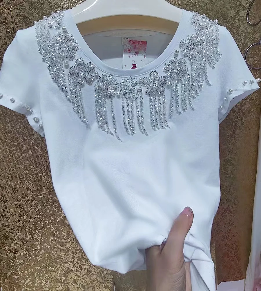 Luxury Beading Sequined Tassel Cotton T-shirt for Women New 2024 Summer O Neck Short Sleeve White Tops Tees T Shirt Femme